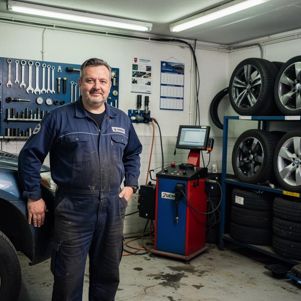 Mechanik mení zimné pneumatiky na osobnom aute v profesionálnom autoservise na Slovensku.